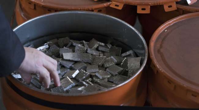 Cut cobalt cathodes sit inside barrels in Netherlands in January 2018.