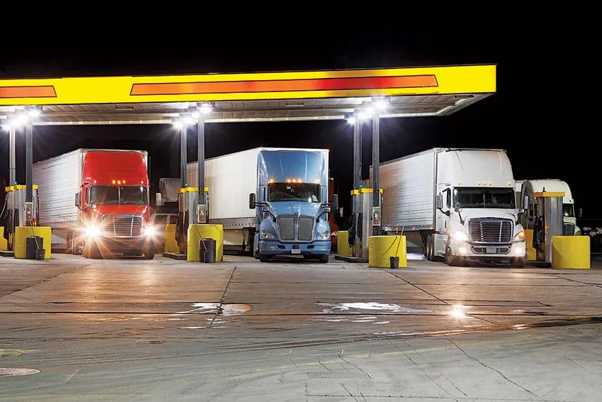 Trucks fill up at night