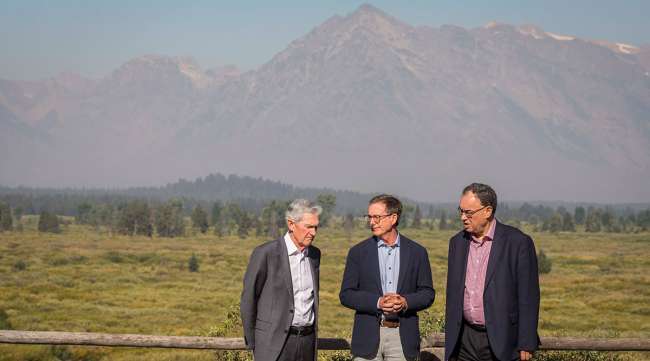 Jerome Powell (from left), Tiff Macklem and Andrew Bailey