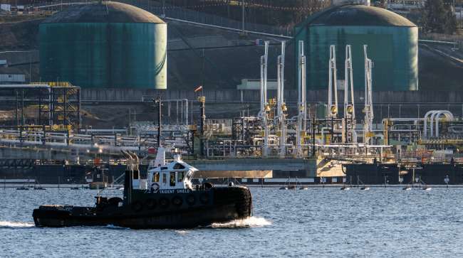 Barge in front of oil pipeline