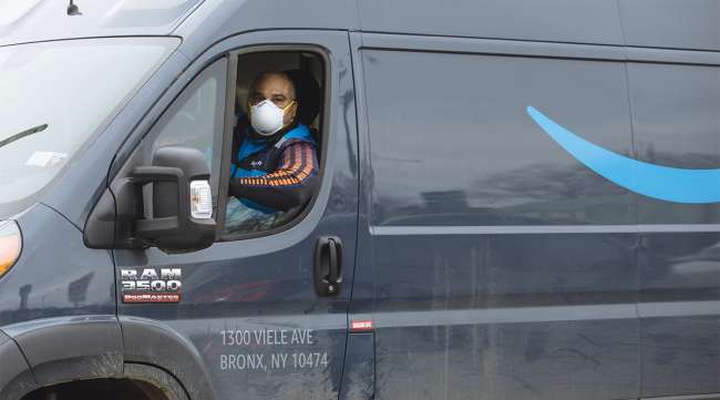 Amazon driver wears a protective mask in New Rochelle, N.Y.
