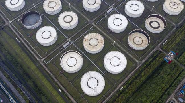 Oil storage tanks are seen from above on the outskirts of Ningbo, Zhejiang Province, China, on April 22.