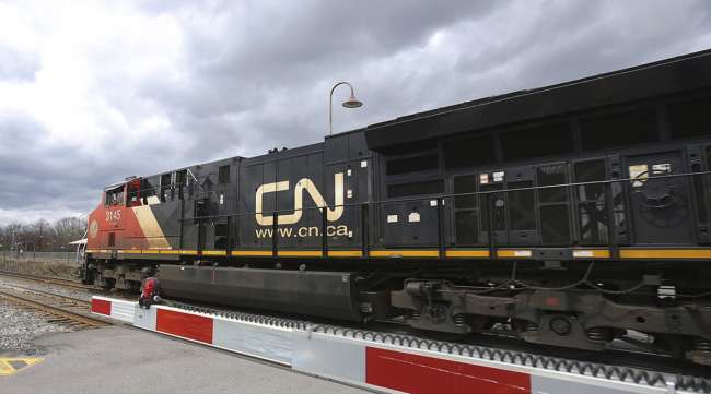 A Canadian National Railway locomotive pulls a train in Montreal, Quebec