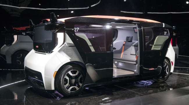 The Cruise Origin electric driverless shuttle is displayed during a reveal even in San Francisco on Jan. 21.