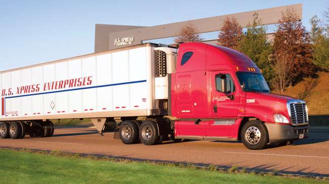 U.S. Xpress reefer in front of company HQ