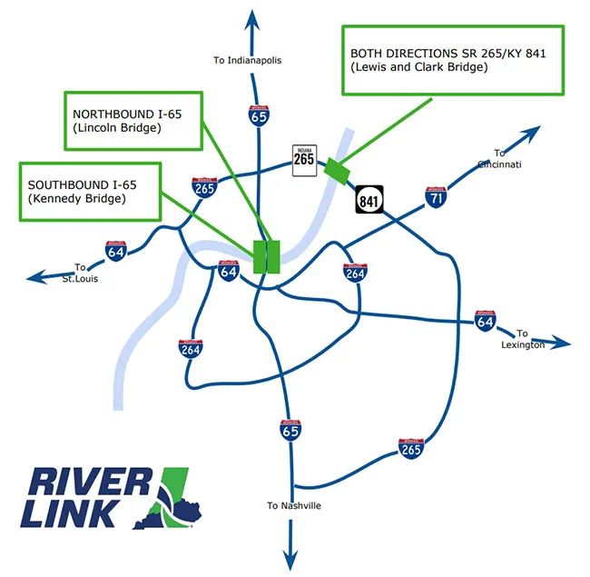 Map of toll bridges connecting Kentucky with Indiana in Louisville