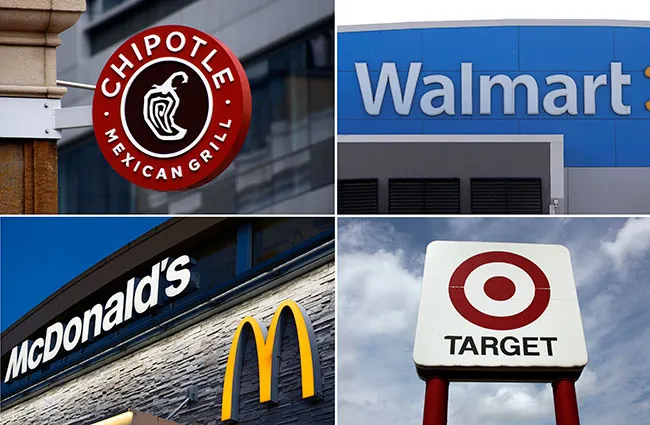 AP photo collage showing signage for Chipotle, Walmart, McDonald's, Target