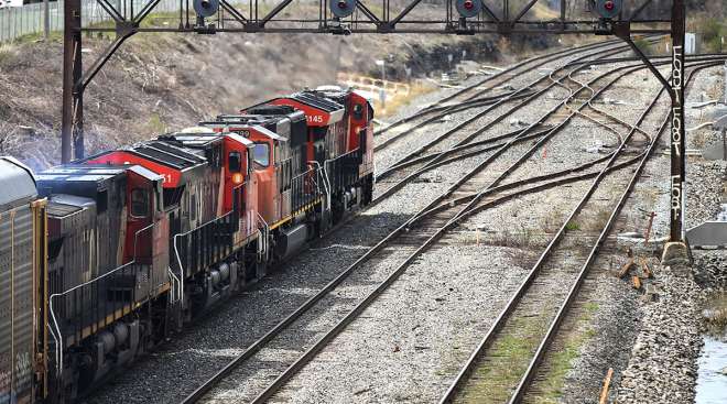 Canadian National Railway locomotive pulls train