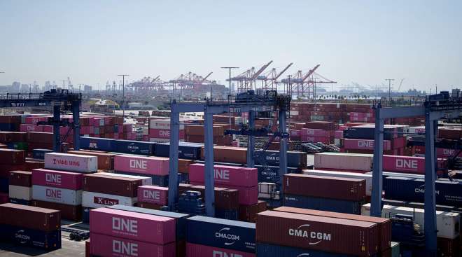 Containers and cranes at the Port of Los Angeles