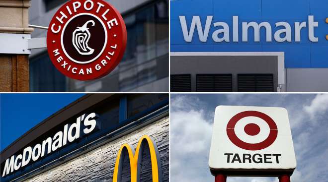 AP photo collage showing signage for Chipotle, Walmart, McDonald's, Target