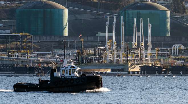 Barge in front of oil pipeline