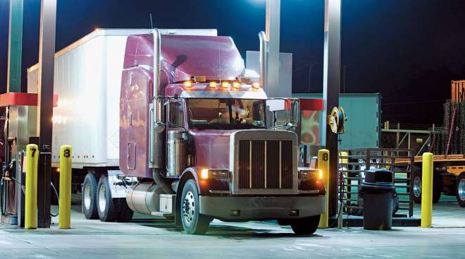 Truck stop at night